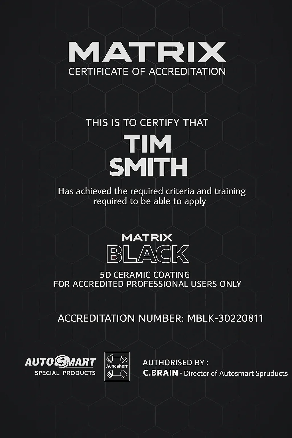 Tim's Matrix accreditation certificate